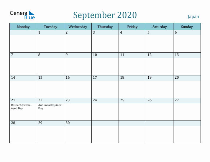 September 2020 Calendar with Holidays