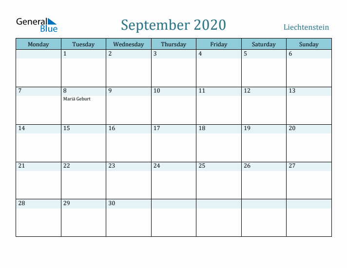 September 2020 Calendar with Holidays