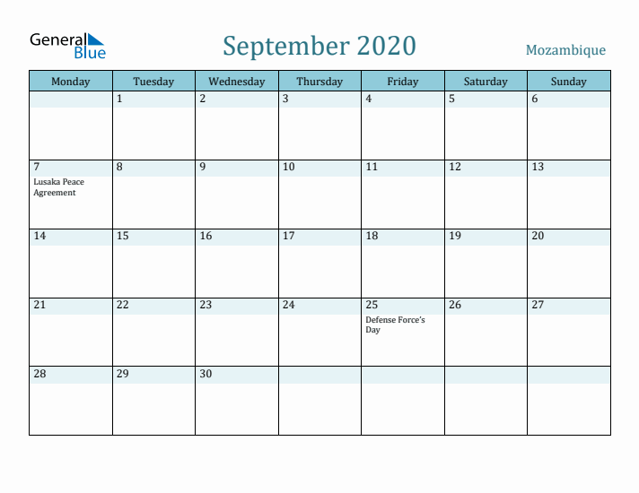 September 2020 Calendar with Holidays