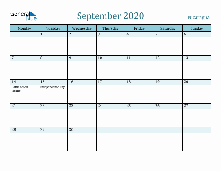 September 2020 Calendar with Holidays