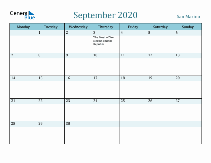 September 2020 Calendar with Holidays