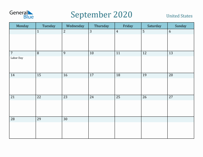 September 2020 Calendar with Holidays