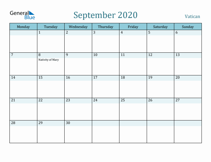 September 2020 Calendar with Holidays