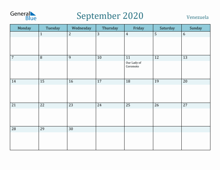 September 2020 Calendar with Holidays