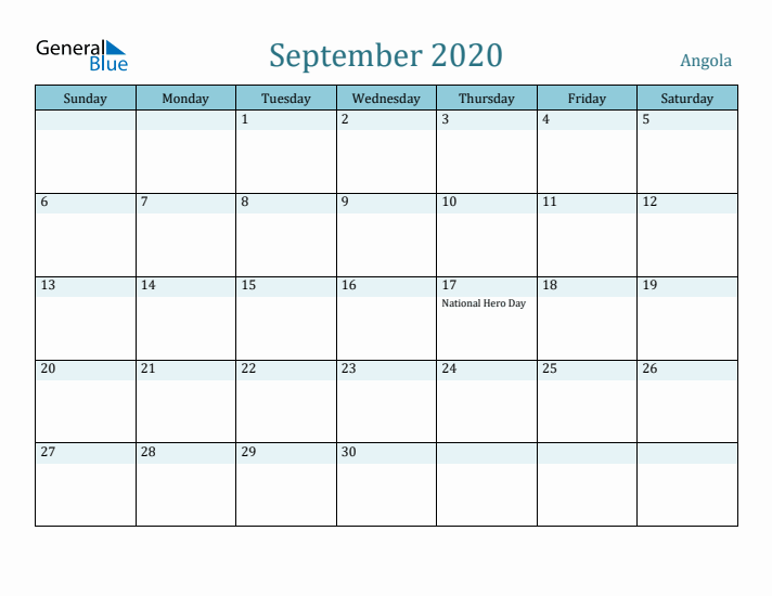 September 2020 Calendar with Holidays