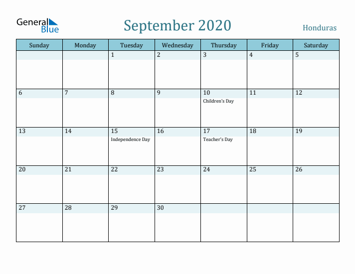 September 2020 Calendar with Holidays