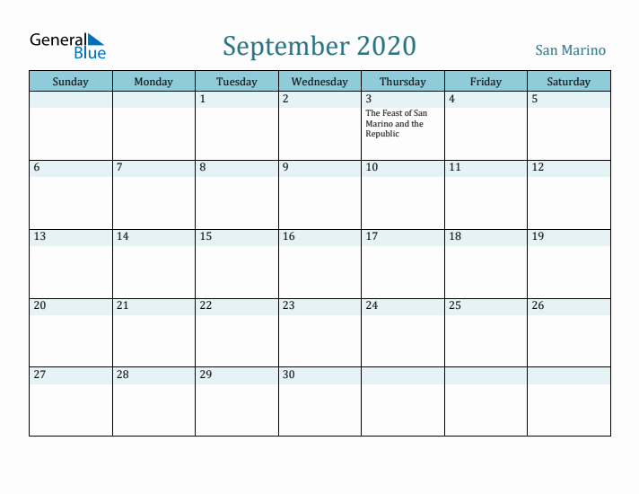 September 2020 Calendar with Holidays