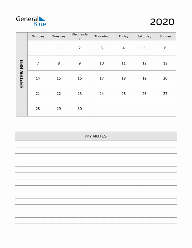 September 2020 Calendar Printable