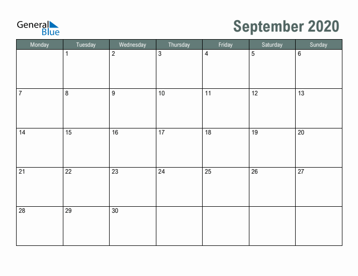 Free Printable September 2020 Calendar