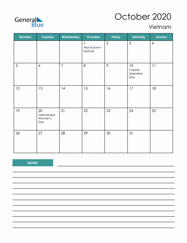 Calendar with Notes Printable - Monday Start