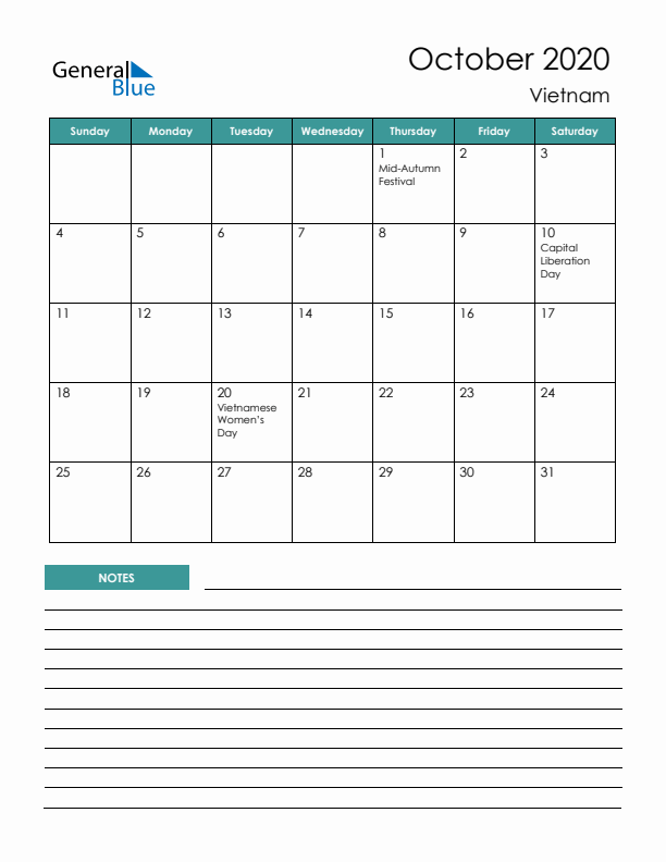 Calendar with Notes Printable - Sunday Start