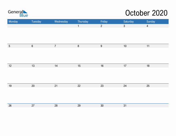 Fillable Calendar for October 2020