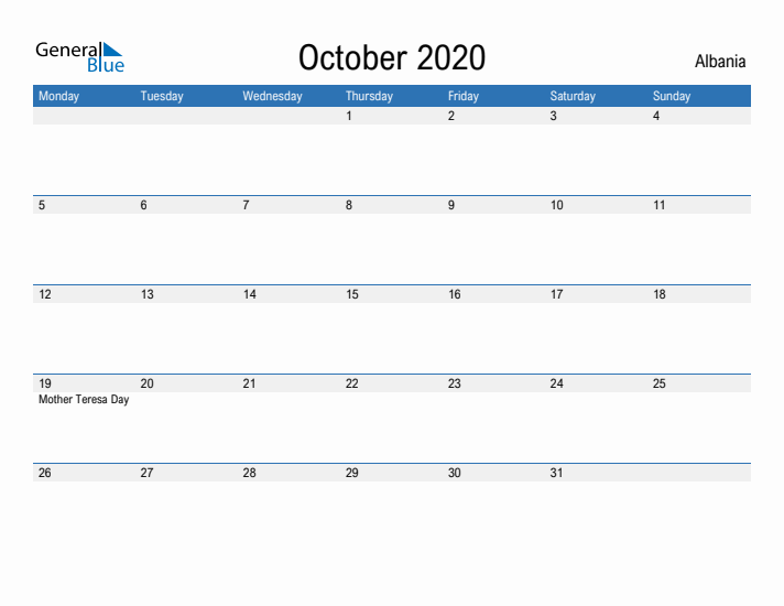 Fillable October 2020 Calendar