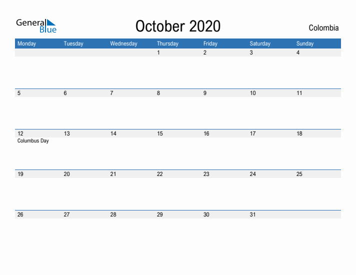 Fillable October 2020 Calendar