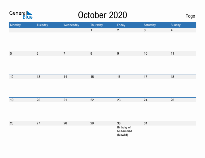 Fillable October 2020 Calendar