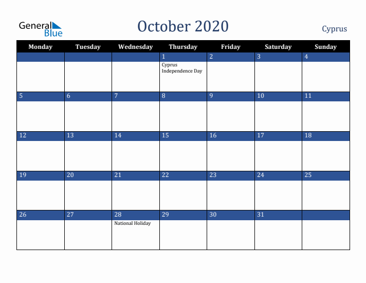 October 2020 Cyprus Calendar (Monday Start)