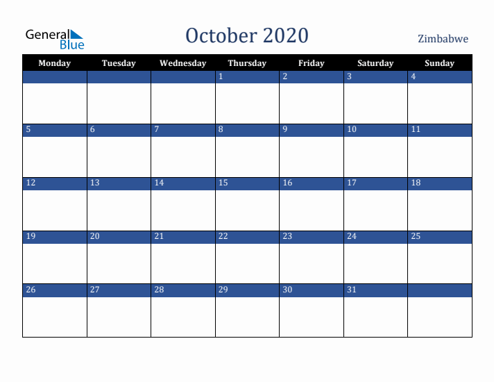 October 2020 Zimbabwe Calendar (Monday Start)