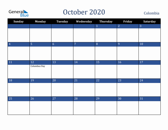 October 2020 Colombia Calendar (Sunday Start)