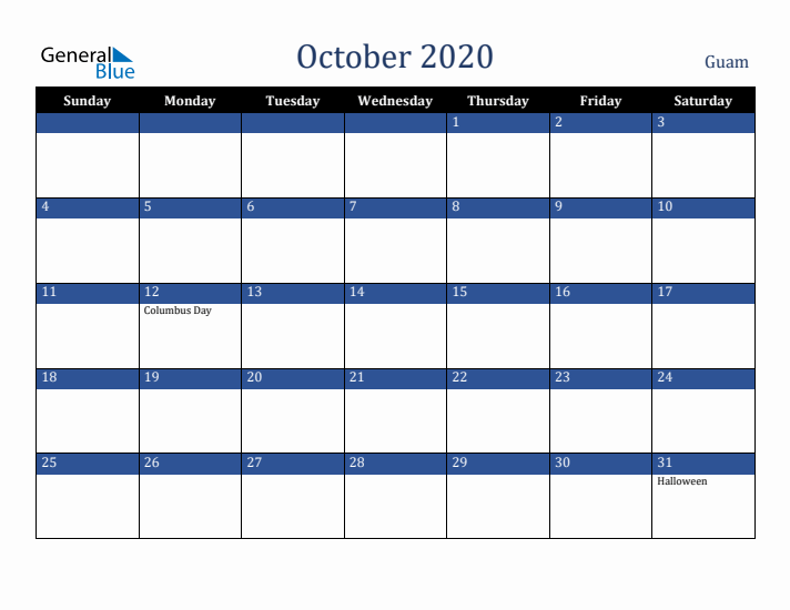 October 2020 Guam Calendar (Sunday Start)