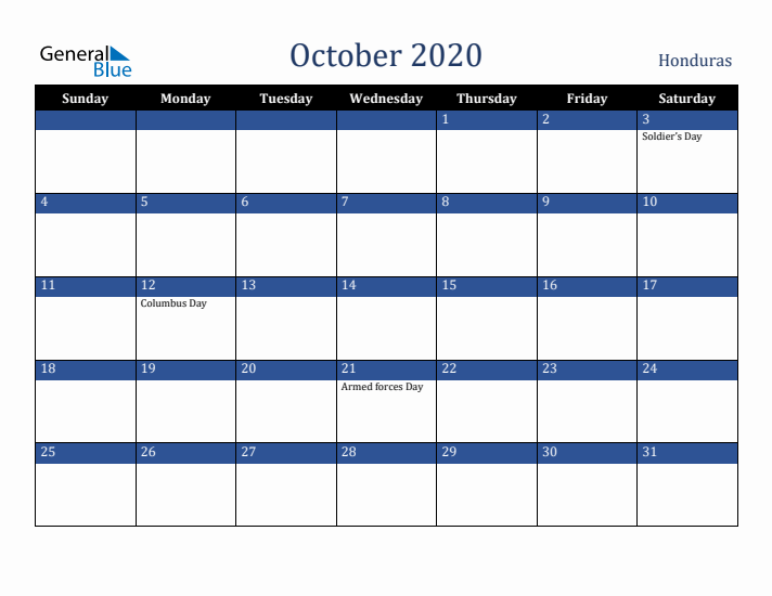 October 2020 Honduras Calendar (Sunday Start)