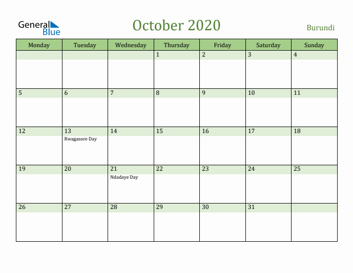 October 2020 Calendar with Burundi Holidays