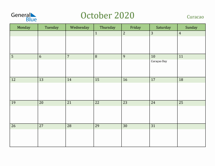 October 2020 Calendar with Curacao Holidays