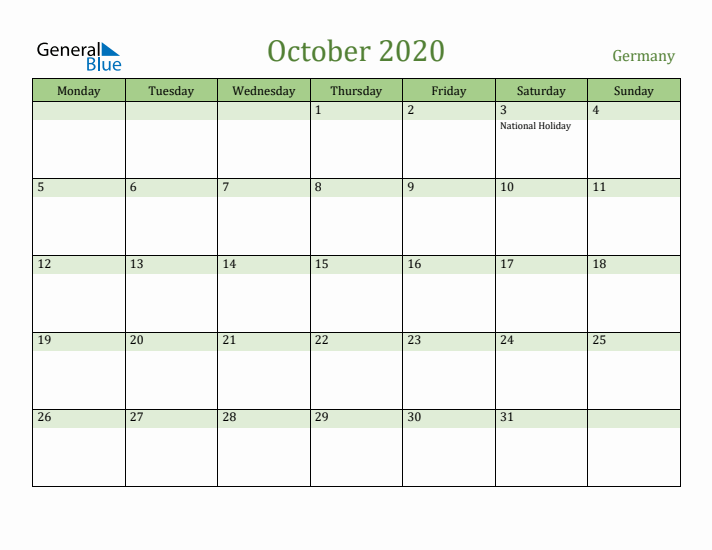 October 2020 Calendar with Germany Holidays