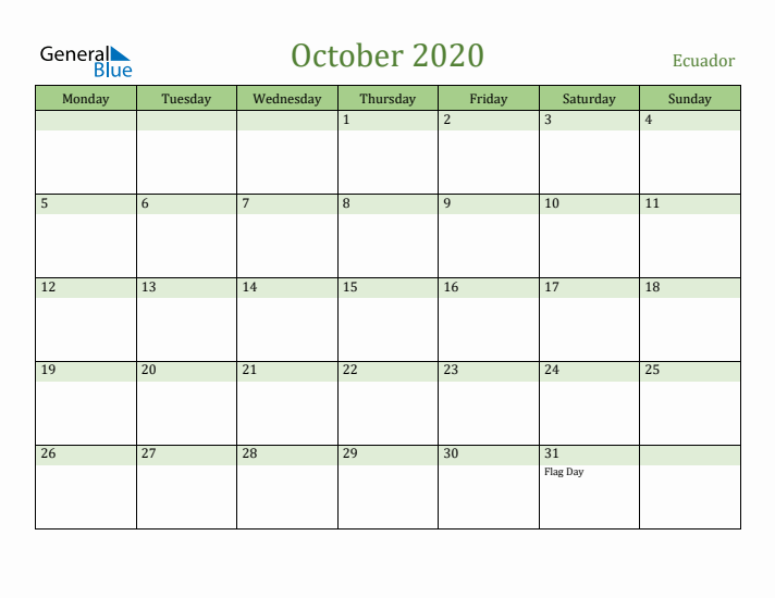 October 2020 Calendar with Ecuador Holidays