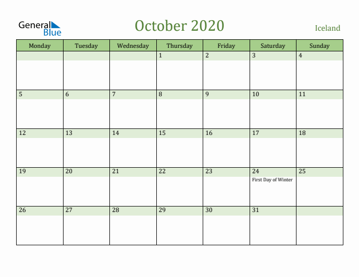 October 2020 Calendar with Iceland Holidays