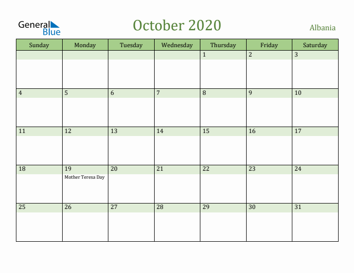 October 2020 Calendar with Albania Holidays