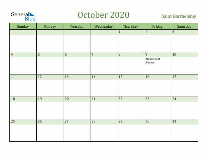 October 2020 Calendar with Saint Barthelemy Holidays