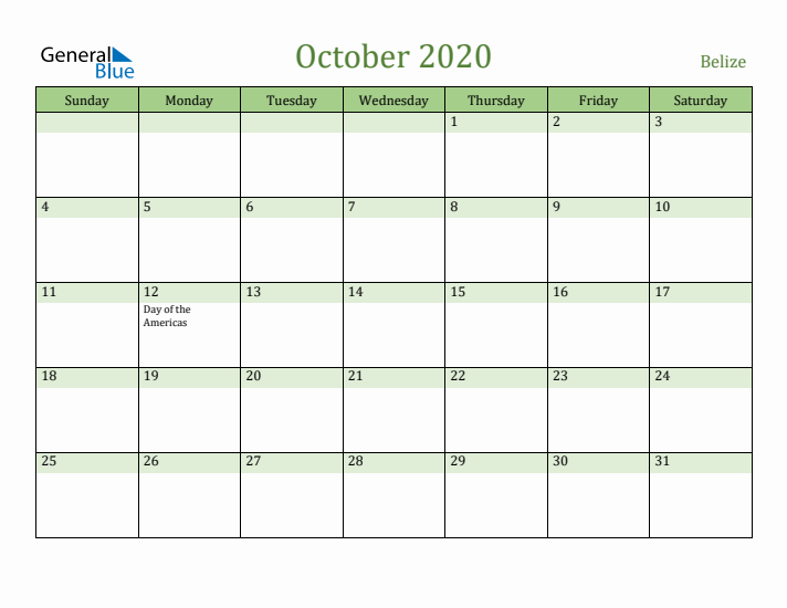 October 2020 Calendar with Belize Holidays