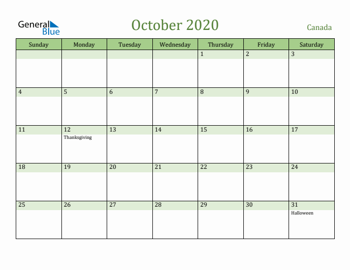 October 2020 Calendar with Canada Holidays