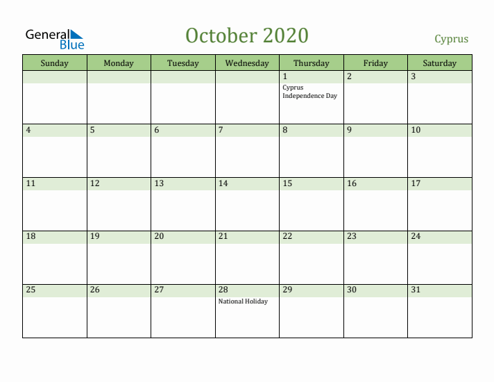 October 2020 Calendar with Cyprus Holidays