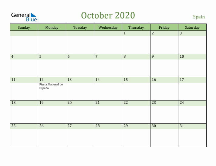 October 2020 Calendar with Spain Holidays