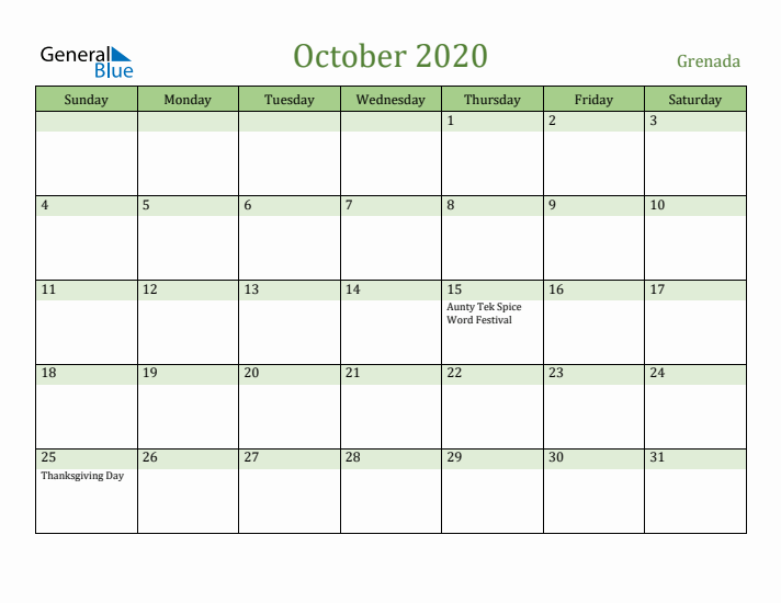 October 2020 Calendar with Grenada Holidays