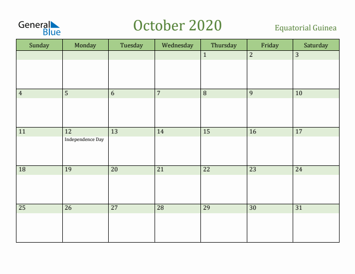 October 2020 Calendar with Equatorial Guinea Holidays