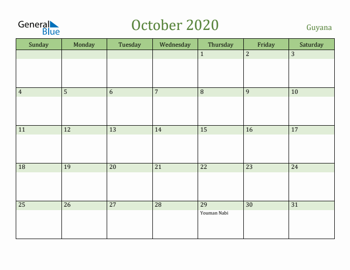 October 2020 Calendar with Guyana Holidays