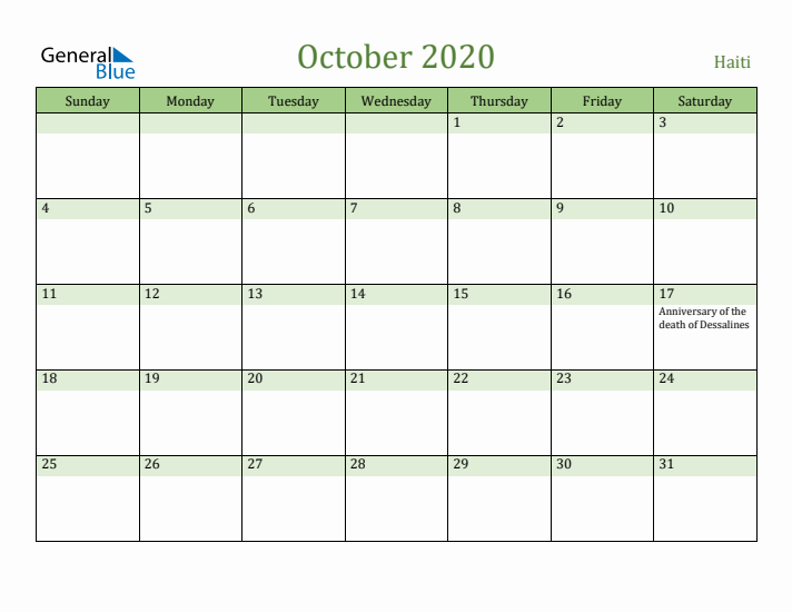 October 2020 Calendar with Haiti Holidays