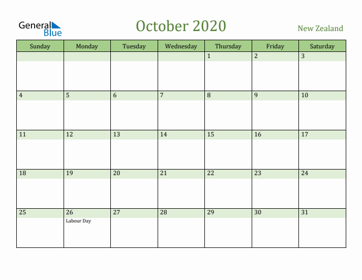 October 2020 Calendar with New Zealand Holidays