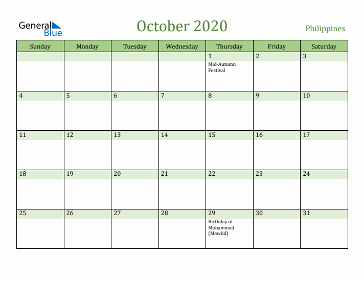 October 2020 Calendar with Philippines Holidays