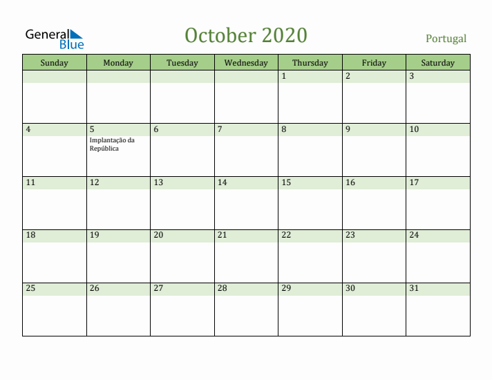 October 2020 Calendar with Portugal Holidays