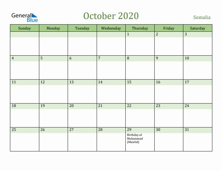 October 2020 Calendar with Somalia Holidays