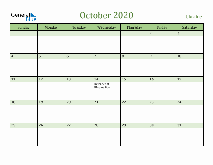 October 2020 Calendar with Ukraine Holidays