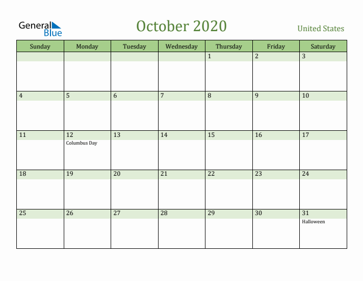 October 2020 Calendar with United States Holidays