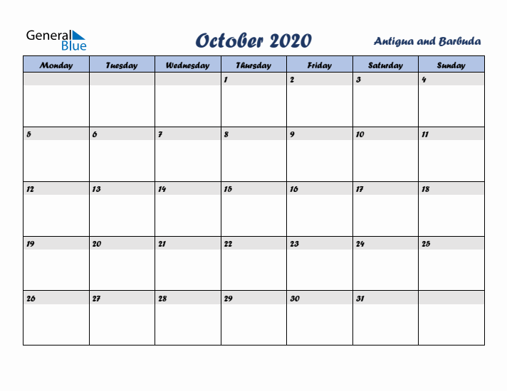 October 2020 Calendar with Holidays in Antigua and Barbuda