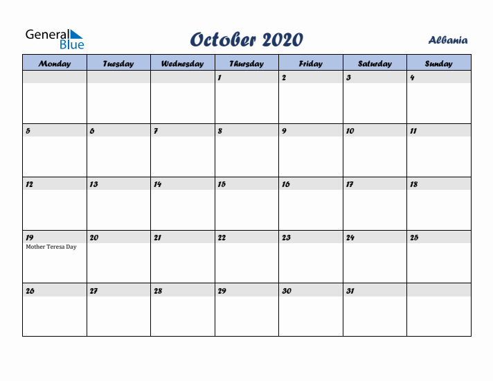 October 2020 Calendar with Holidays in Albania