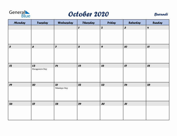 October 2020 Calendar with Holidays in Burundi