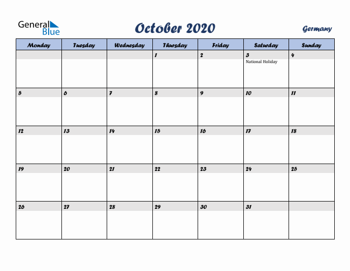 October 2020 Calendar with Holidays in Germany