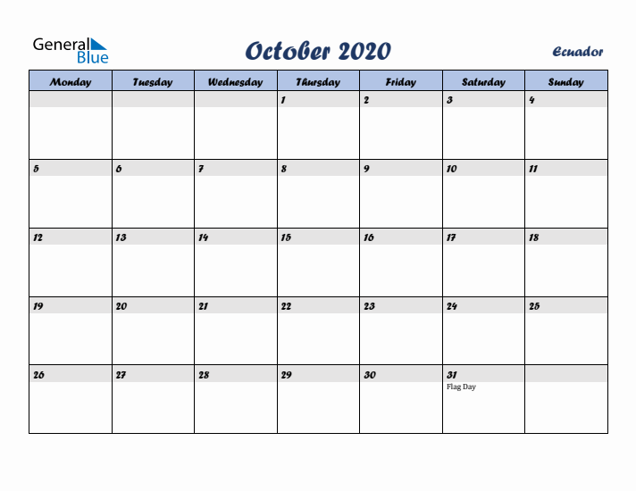 October 2020 Calendar with Holidays in Ecuador